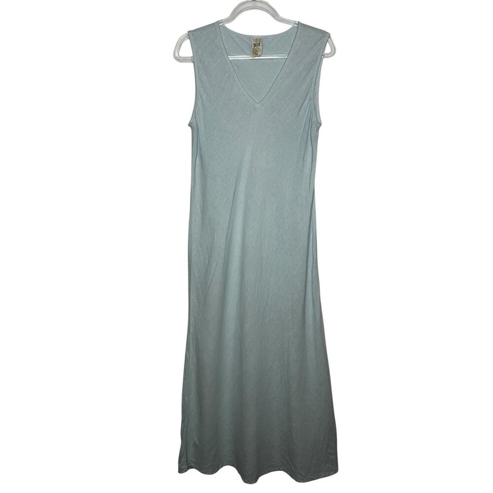 1990s Match Point USA Blue Linen Sleeveless V-Neck Maxi Dress Medium
